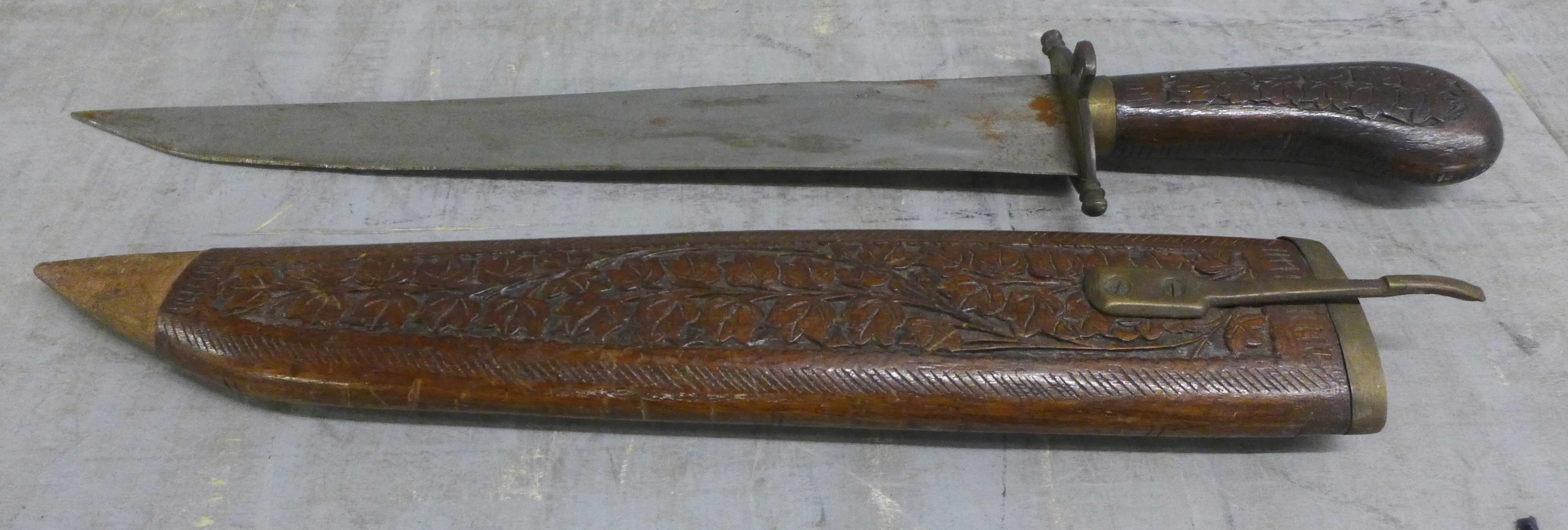A brass axe, three carving knives, flail and a plated flask **PLEASE NOTE THIS LOT IS NOT ELIGIBLE - Image 10 of 15