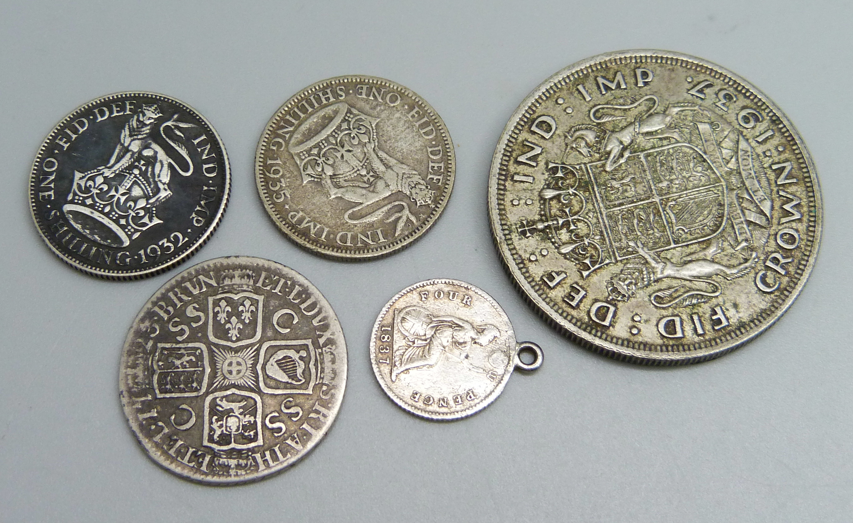 Silver coins including a 1723 SSC shilling and an 1837 four pence - Image 3 of 3
