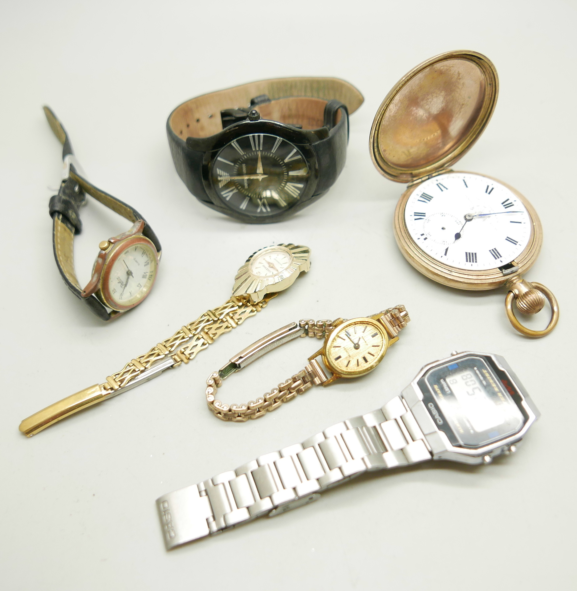 A pocket watch, a/f, a Casio wristwatch, an Armani wristwatch, and three other wristwatches