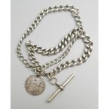 Two silver part albert chains joined together, and a silver T-bar and silver coin pendant, 45g