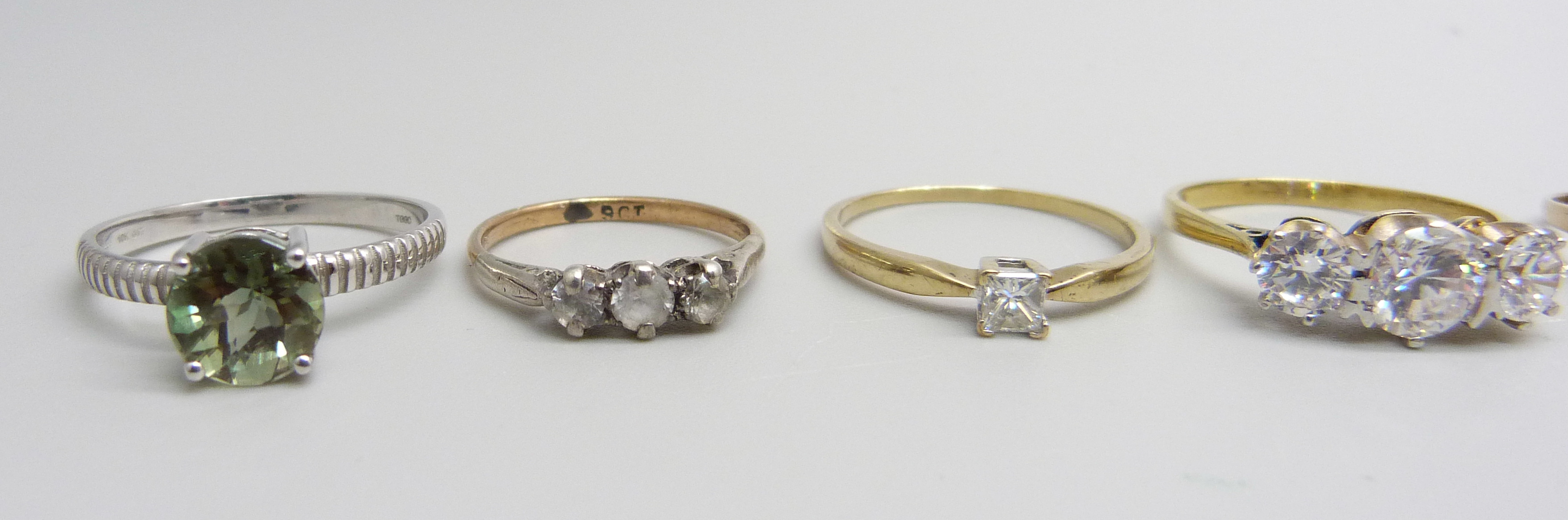 Eight 9ct gold rings, one set with 0.25 carat square diamond, 15g total weight - Image 2 of 4