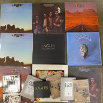 Seven The Eagles LP records including Eagles Greatest Hits Vol 2, book and DVDs and Frankie Goes
