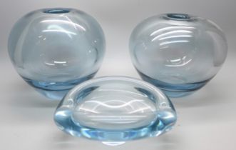 Two Scandinavian round blue glass signed vases, Holmegaard 1962, 1960 and a Holmegaard bowl by Per