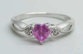 A 9ct white gold, diamond and pink stone ring, 1.4g, M