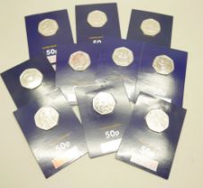 Ten uncirculated sealed 50 pence coins (five Beatrix Potter, one Snowman, three dinosaur and one