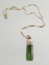 A 9ct gold mounted jade pendant (loop marked) on a 9ct gold chain, 7.3g total weight