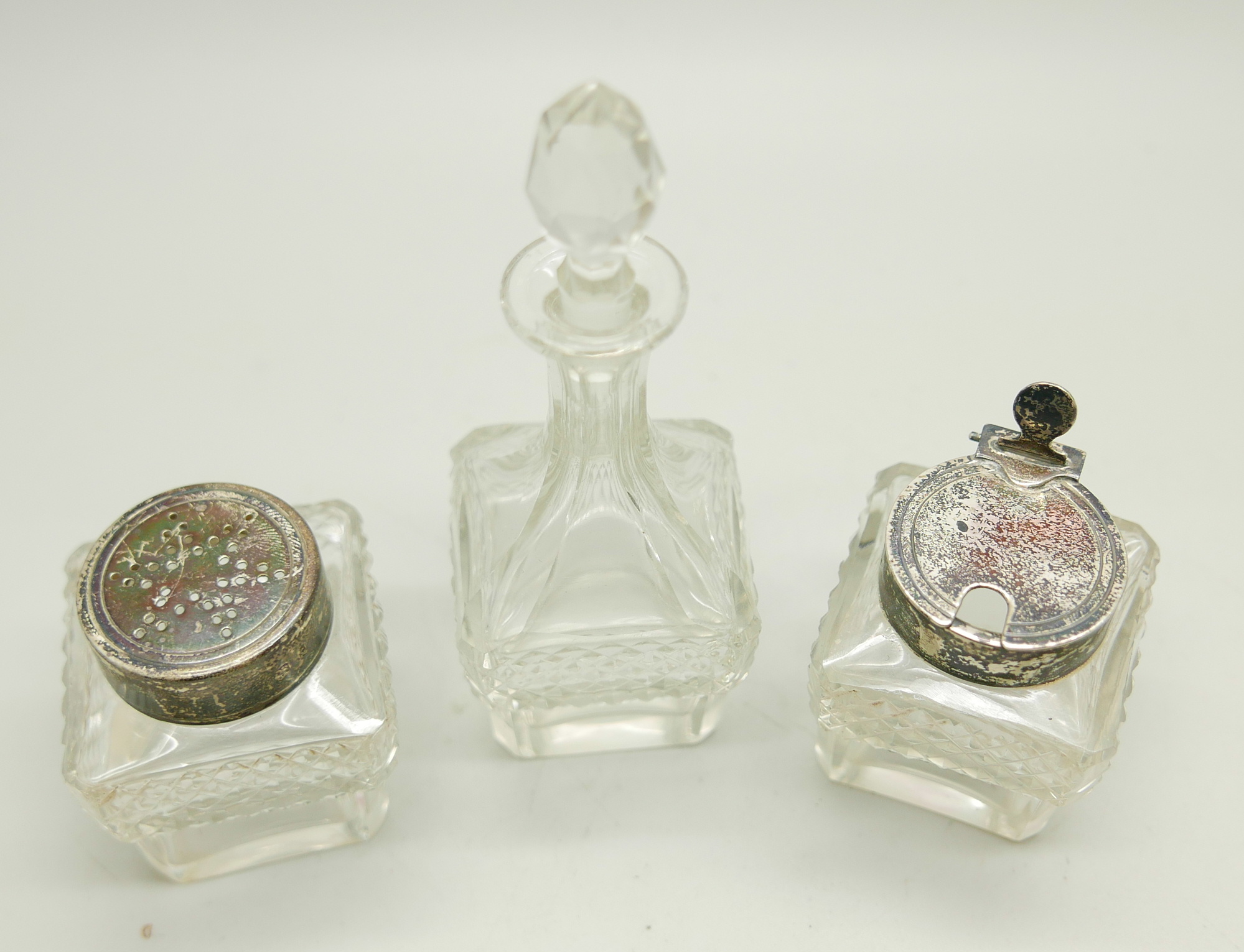 A three piece condiment set, two with silver tops, lacking stand - Image 2 of 3