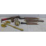 A brass axe, three carving knives, flail and a plated flask **PLEASE NOTE THIS LOT IS NOT ELIGIBLE