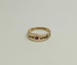 A Victorian 15ct gold, ruby and diamond ring, Birmingham 1889, 2g, K