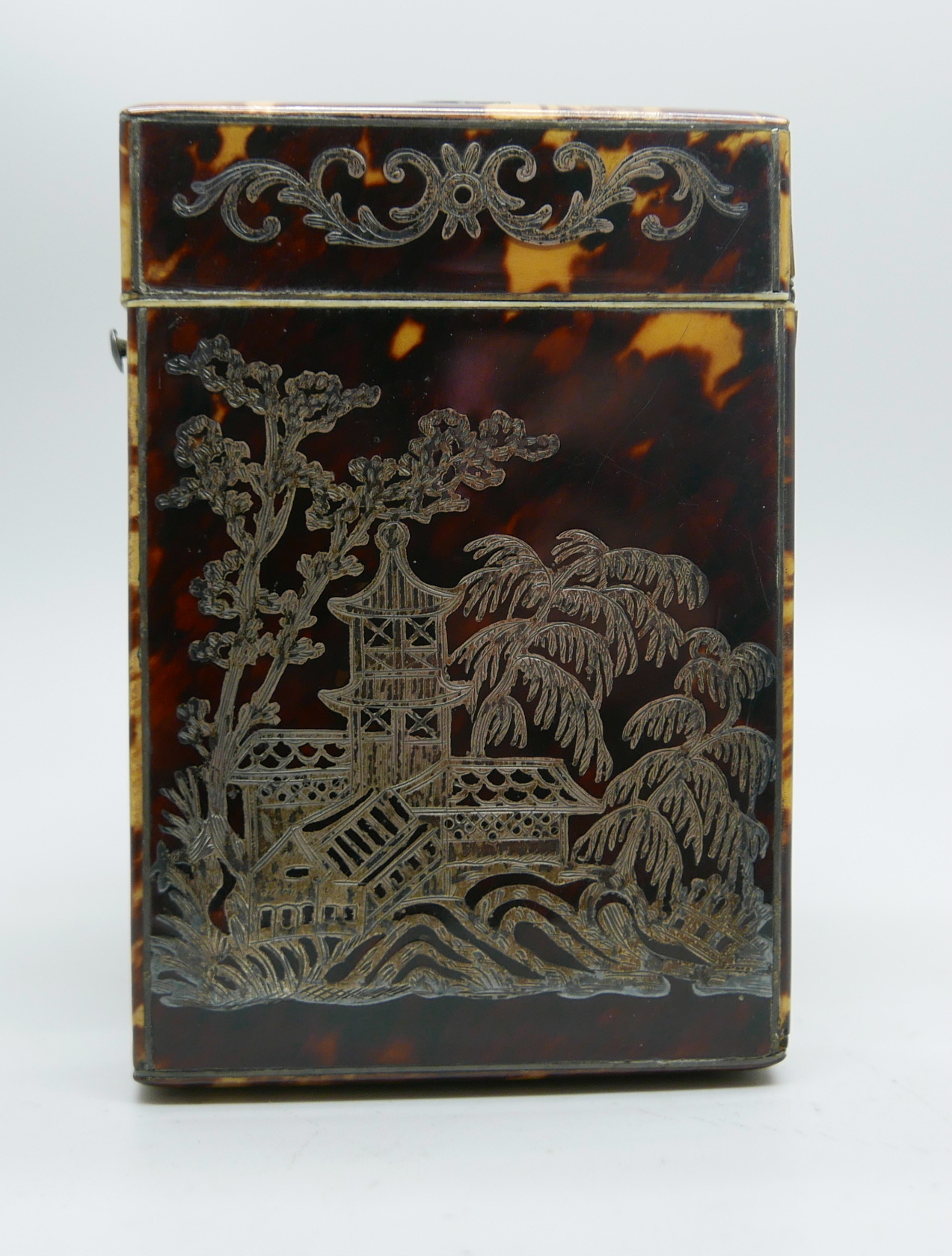 A tortoiseshell card case with silver overlay and silver cartouche to lid, 65mm x 95mm - Image 2 of 5