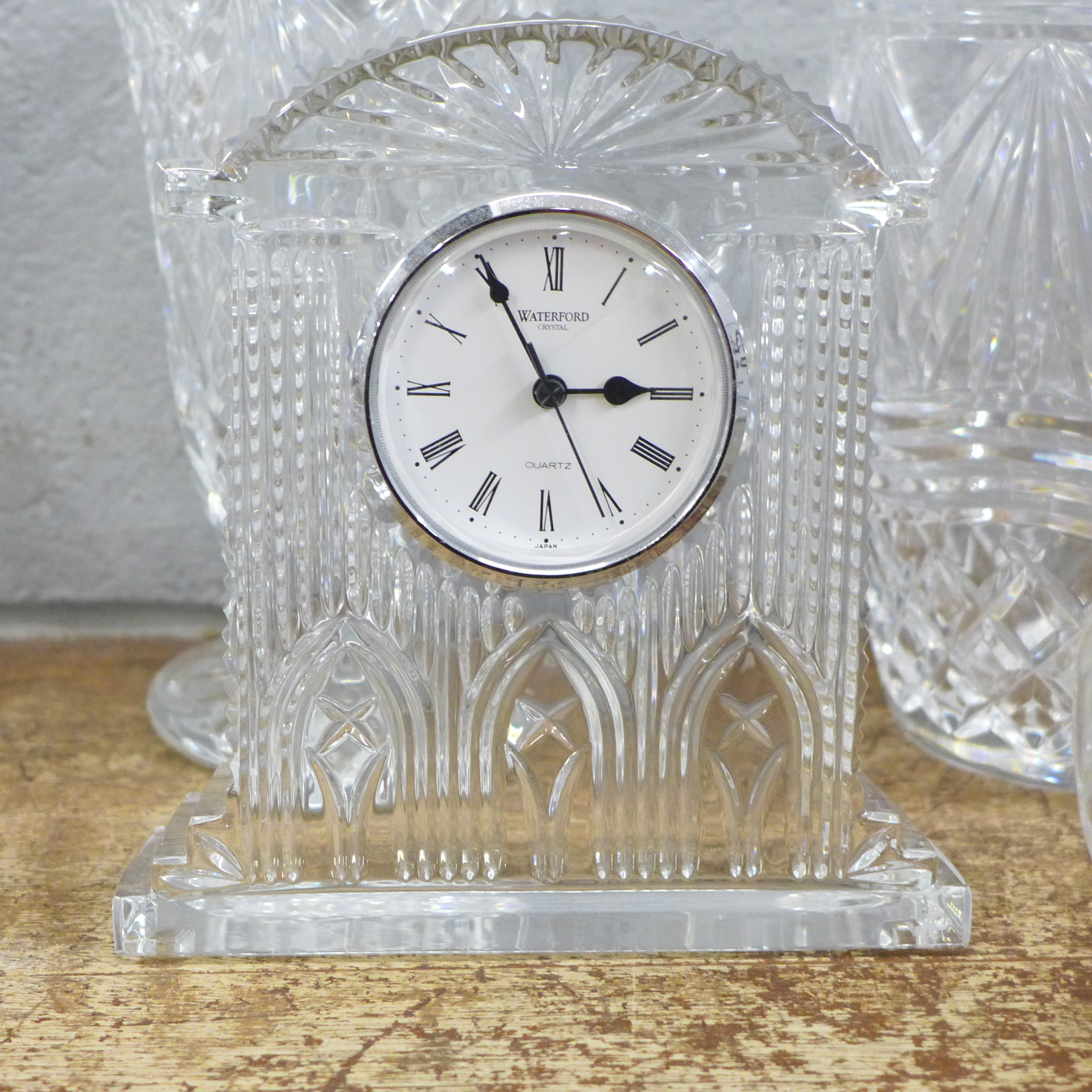 A Waterford Crystal clock, two Waterford Crystal vases, two Bohemia crystal posy vases and two other - Image 2 of 4