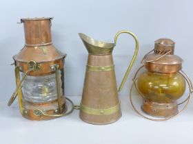 A copper lamp, ship's lamp and pitcher