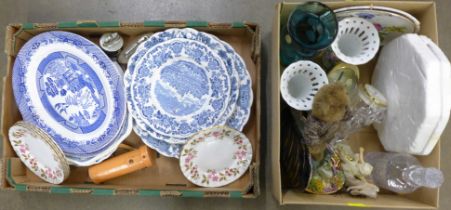 A collection of blue and white plates; Barratts of Staffordshire Willow, Churchill Ridgway of