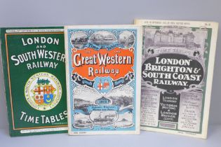 Three 1900s railway timetables including maps, reprinted from originals in the 1960s comprising
