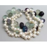 A cultured pearl and stone set bracelet with silver clasp, 135g