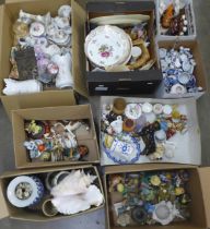 Eight boxes of mixed household china, ornaments, decorative plates, figures, blue and white china,