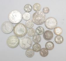 A collection of coins - five silver, 41g, fifteen half silver, 72g and two others