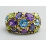 A 9ct gold and multi-coloured gemstone ring, 5g, J