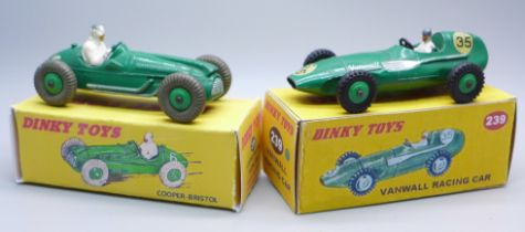 Two Dinky Toys die-cast model vehicles, Cooper-Bristol and Vanwall with reproduction boxes