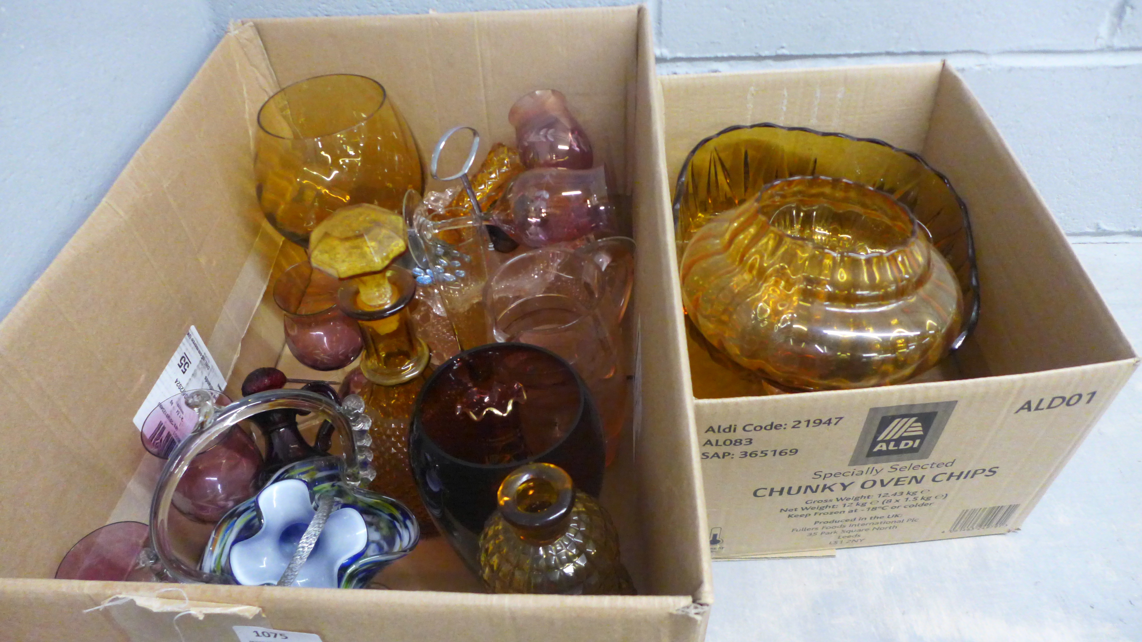 Two boxes of mainly amber glass **PLEASE NOTE THIS LOT IS NOT ELIGIBLE FOR IN-HOUSE POSTING AND
