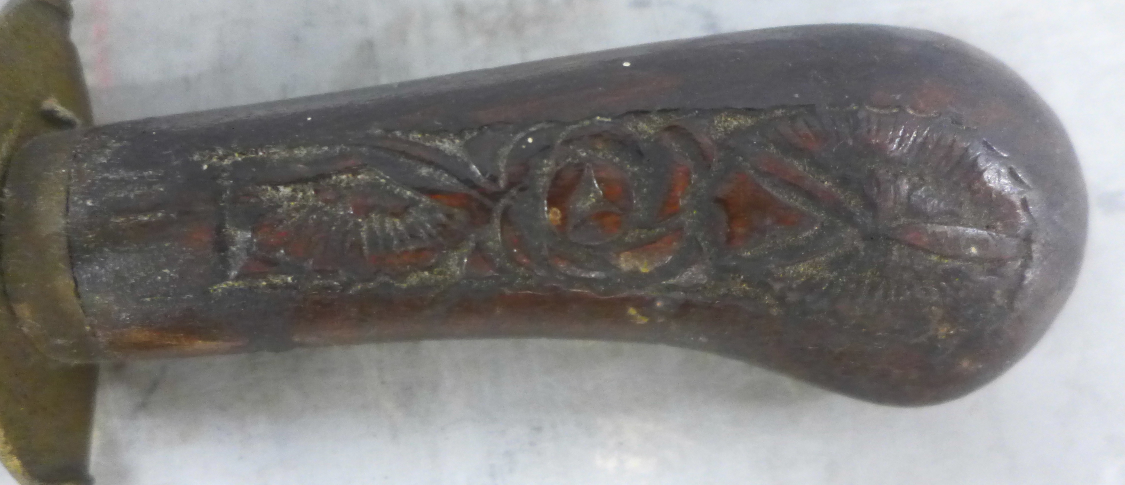 A brass axe, three carving knives, flail and a plated flask **PLEASE NOTE THIS LOT IS NOT ELIGIBLE - Image 6 of 15