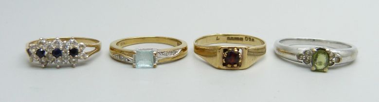 Four 9ct gold rings, 8.8g, M x2, P and Q