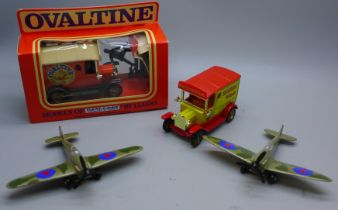 Two Tonka Polistil model aircraft, Hurricane and Spitfire and two model vehicles