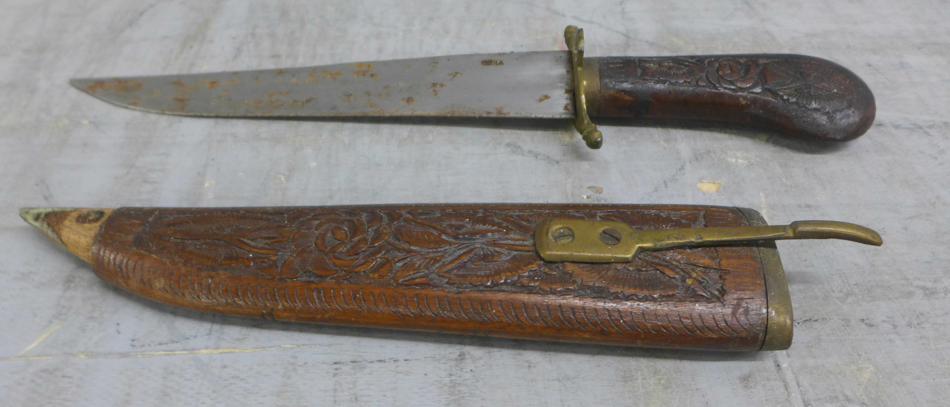A brass axe, three carving knives, flail and a plated flask **PLEASE NOTE THIS LOT IS NOT ELIGIBLE - Image 4 of 15