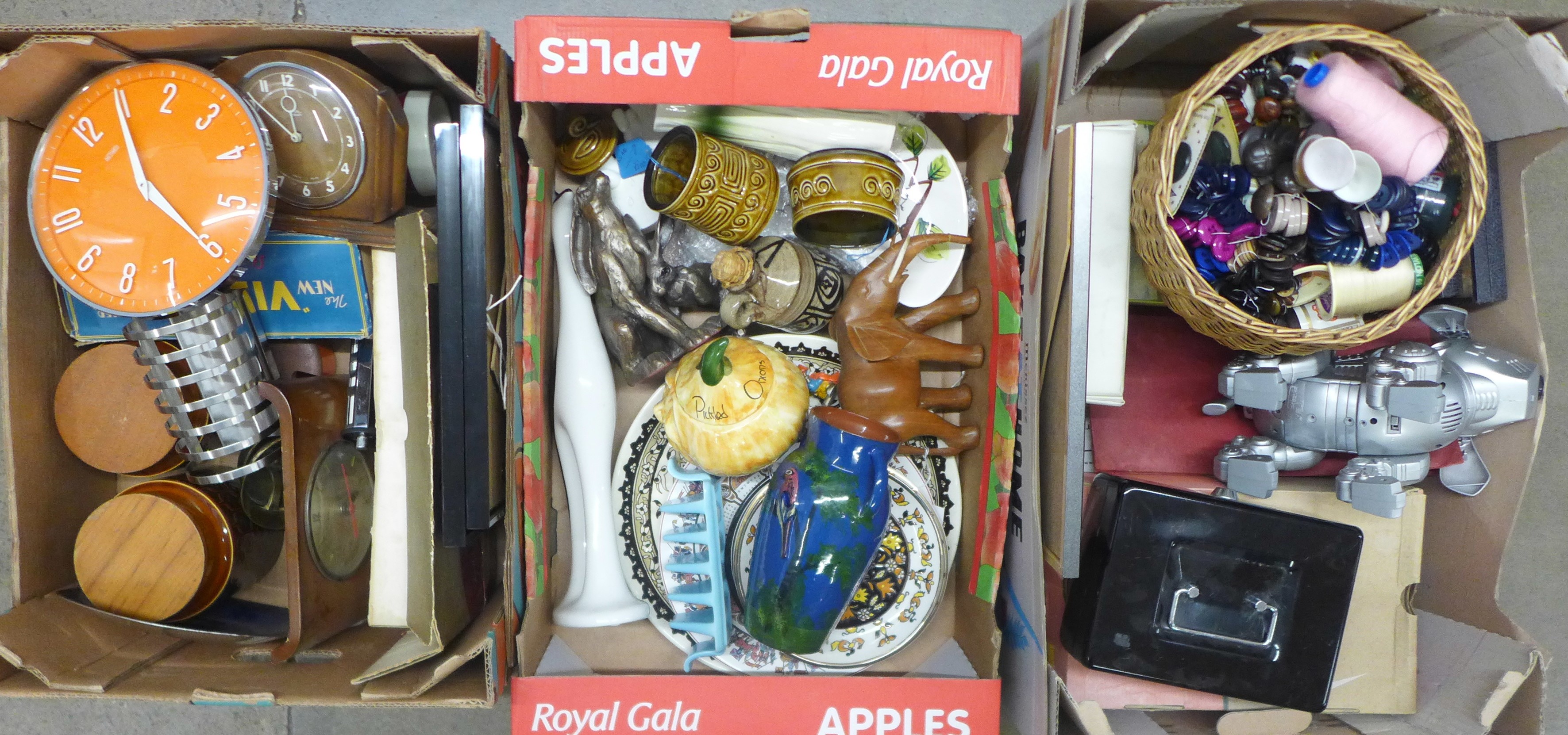 Four boxes of assorted items; haberdashery, mixed china, Torquay pottery vase, cash's woven