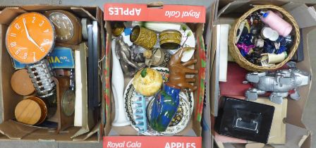 Four boxes of assorted items; haberdashery, mixed china, Torquay pottery vase, cash's woven