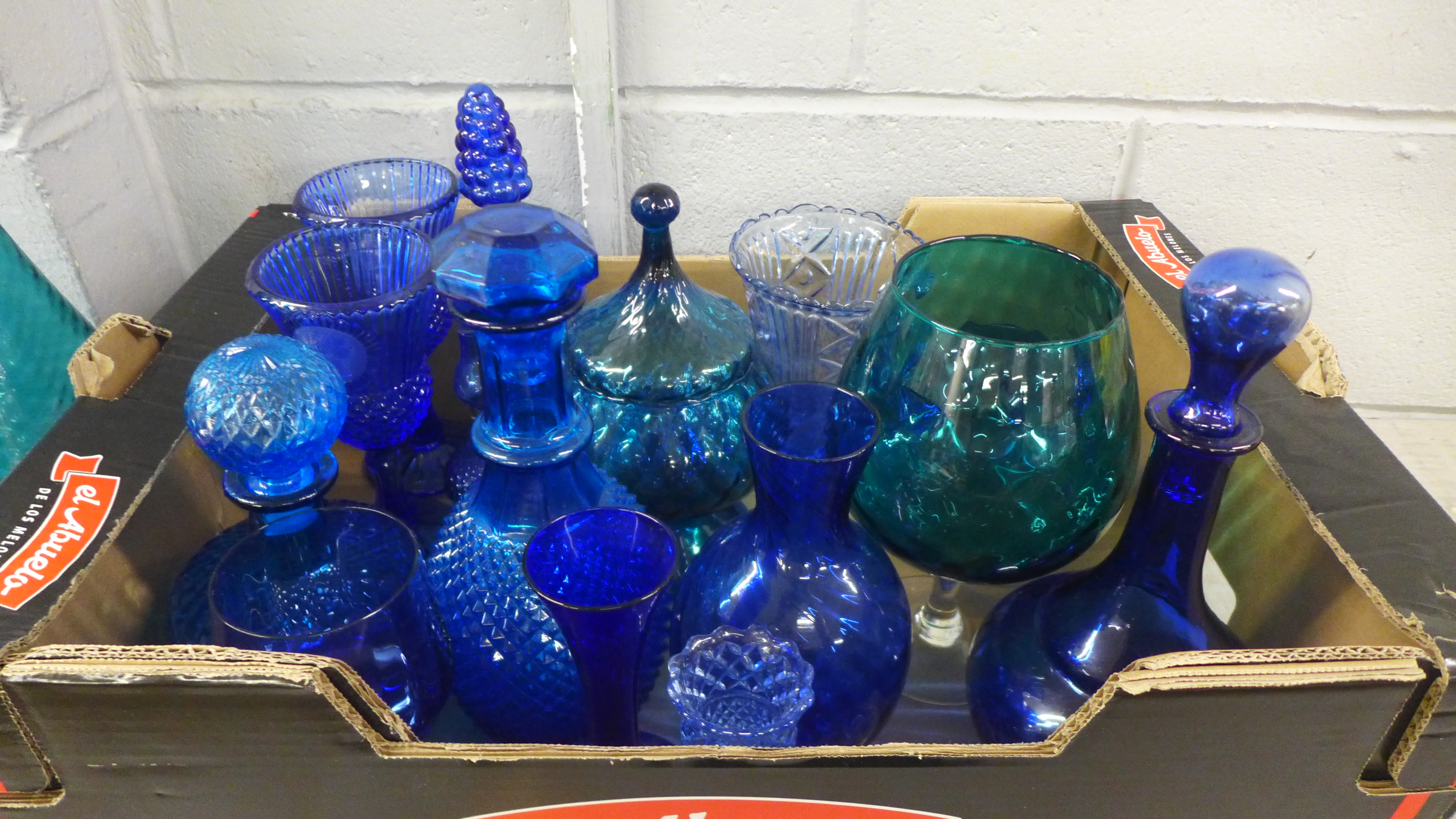 Two boxes of blue and turquoise glass, decanters, vases, bowl, etc. **PLEASE NOTE THIS LOT IS NOT - Image 2 of 2