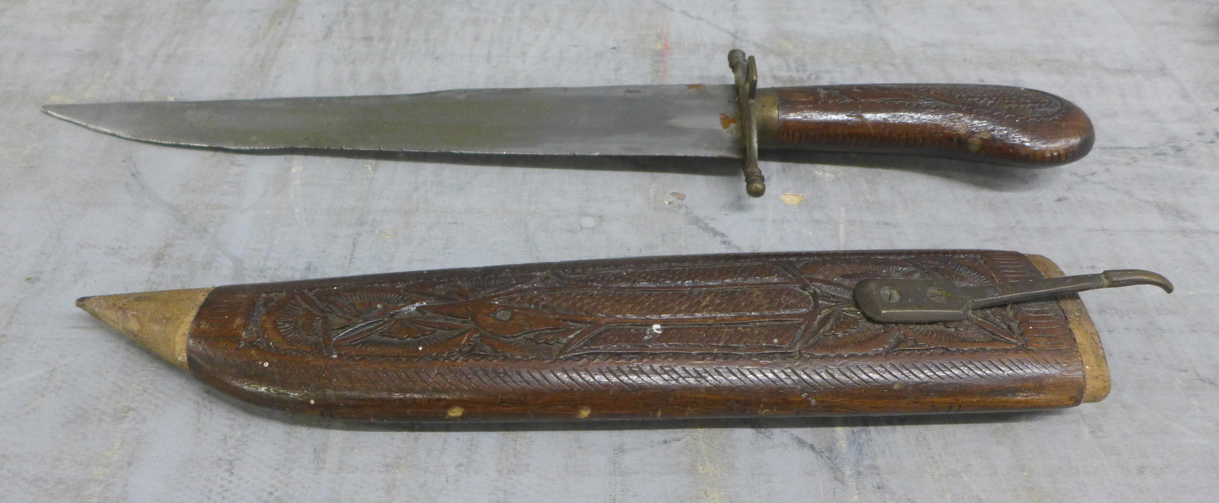 A brass axe, three carving knives, flail and a plated flask **PLEASE NOTE THIS LOT IS NOT ELIGIBLE - Image 7 of 15