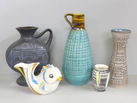 Five West German vases; 350 25, Bay Keramik pedestal ceramic vase 297-20, fish shaped vase, etc. (