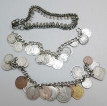 A silver bracelet with 16 19th Century 3 pence coins, 33g, an Eastern ankle bracelet, and a white