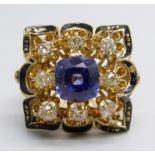 An 18ct gold, blue sapphire and diamond set ring, 3.30ct sapphire, 0.8ct total old cut diamond