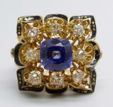 An 18ct gold, blue sapphire and diamond set ring, 3.30ct sapphire, 0.8ct total old cut diamond