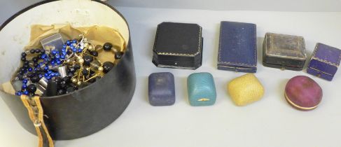 A small collection of vintage ring and jewellery boxes and costume jewellery