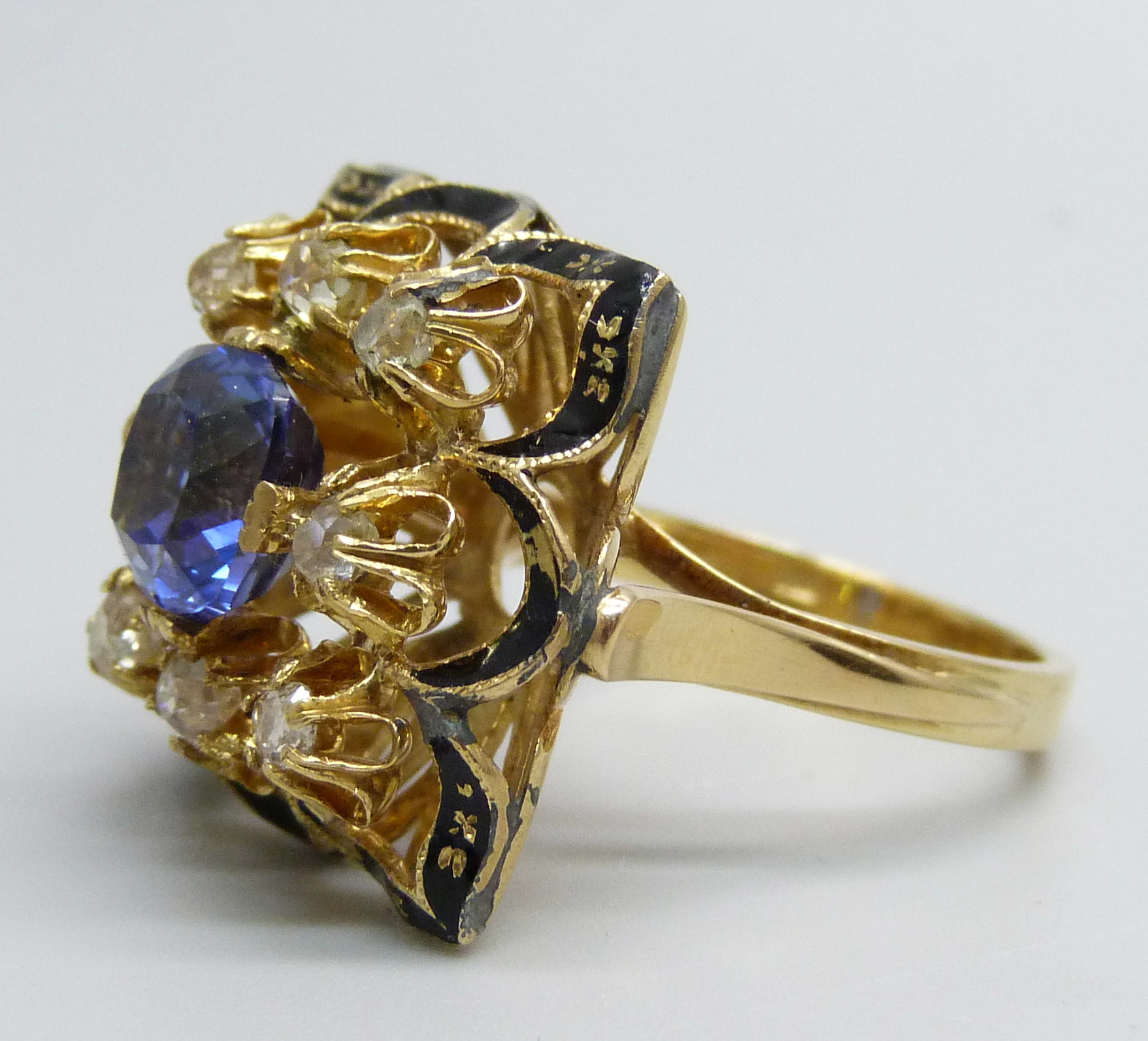 An 18ct gold, blue sapphire and diamond set ring, 3.30ct sapphire, 0.8ct total old cut diamond - Image 2 of 5