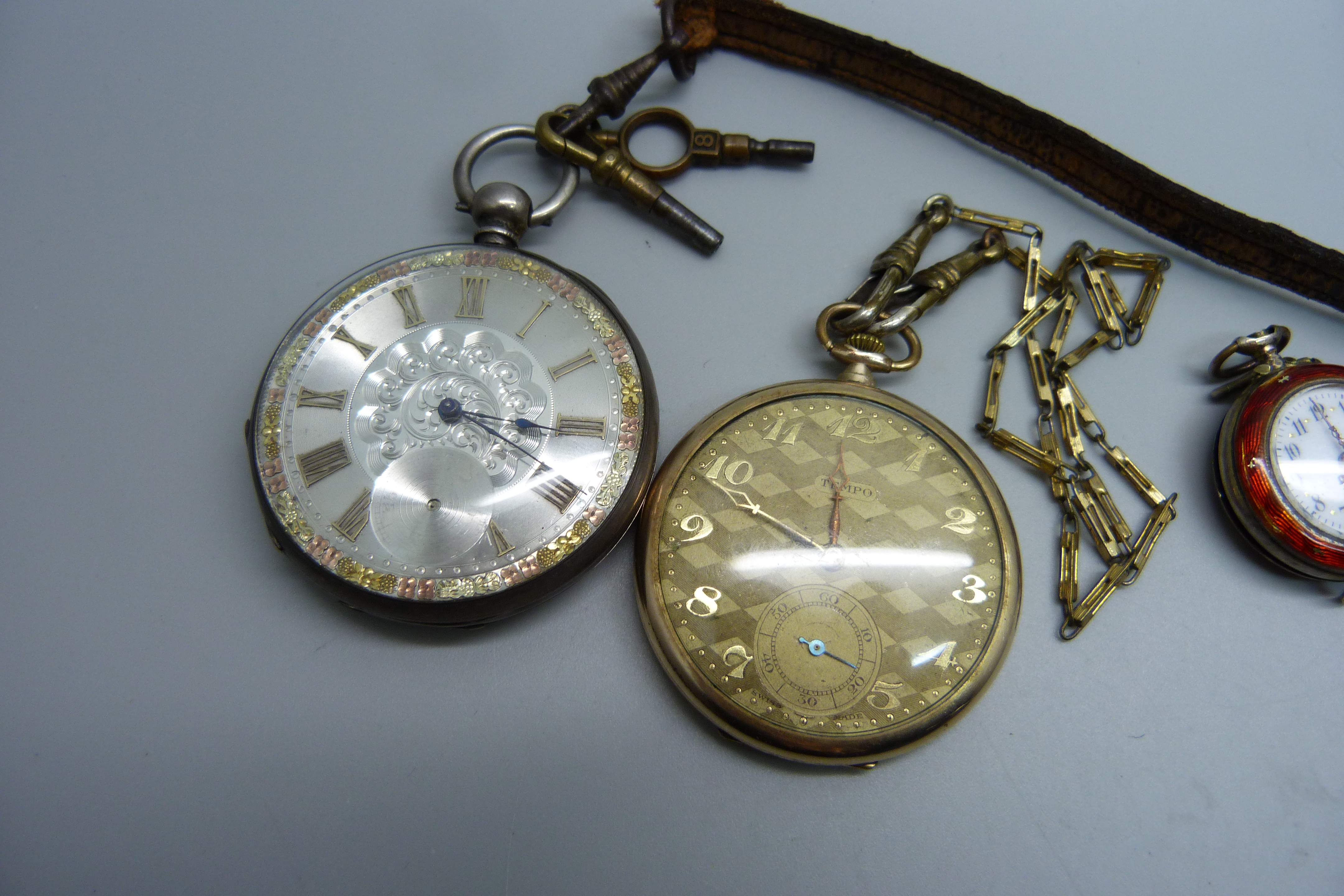 A silver pocket watch with silver dial, a gold plated Tempo pocket watch and a silver gilt .800 - Image 2 of 7