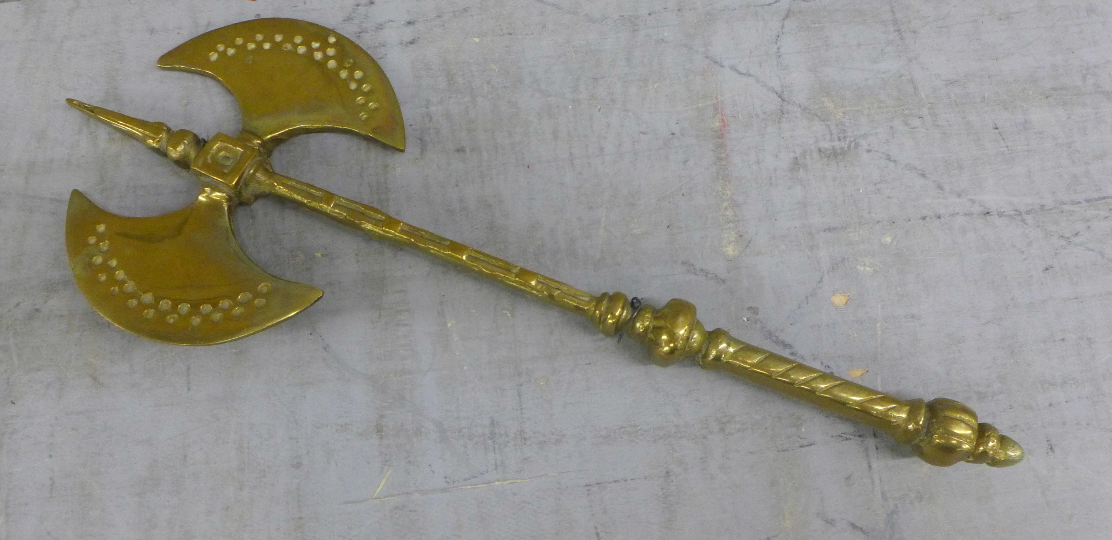 A brass axe, three carving knives, flail and a plated flask **PLEASE NOTE THIS LOT IS NOT ELIGIBLE - Image 2 of 15