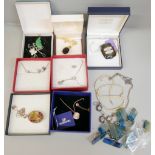 Eleven items of silver jewellery and a pearl necklace with 9ct gold clasp