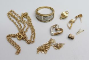 A 9ct gold ring, a 9ct gold and diamond pendant, a 9ct gold chain, and other scrap gold, 7.8g