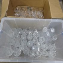 A box of mixed crystal drinking glasses, three decanters and a box of mixed wine and champagne