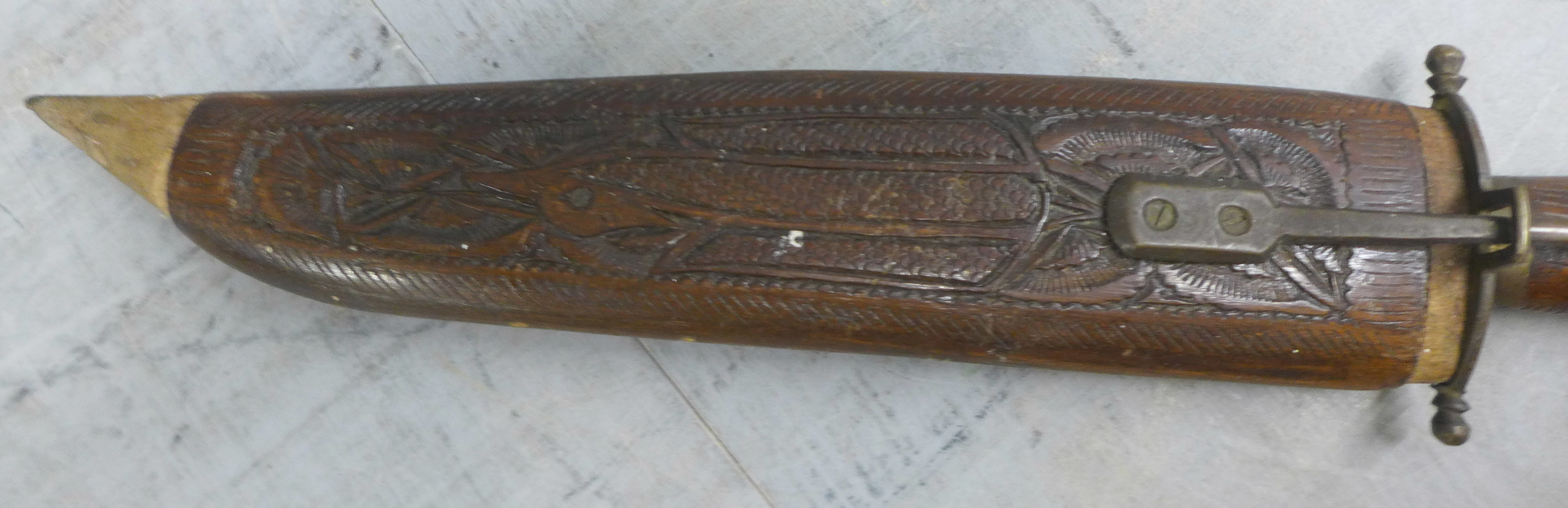A brass axe, three carving knives, flail and a plated flask **PLEASE NOTE THIS LOT IS NOT ELIGIBLE - Image 9 of 15