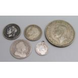 Silver coins including a 1723 SSC shilling and an 1837 four pence