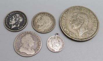 Silver coins including a 1723 SSC shilling and an 1837 four pence