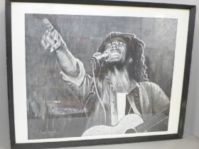 A framed Bob Marley black and white print by Louis Jeacock, 1983 (size 60 x 50cm) **PLEASE NOTE THIS