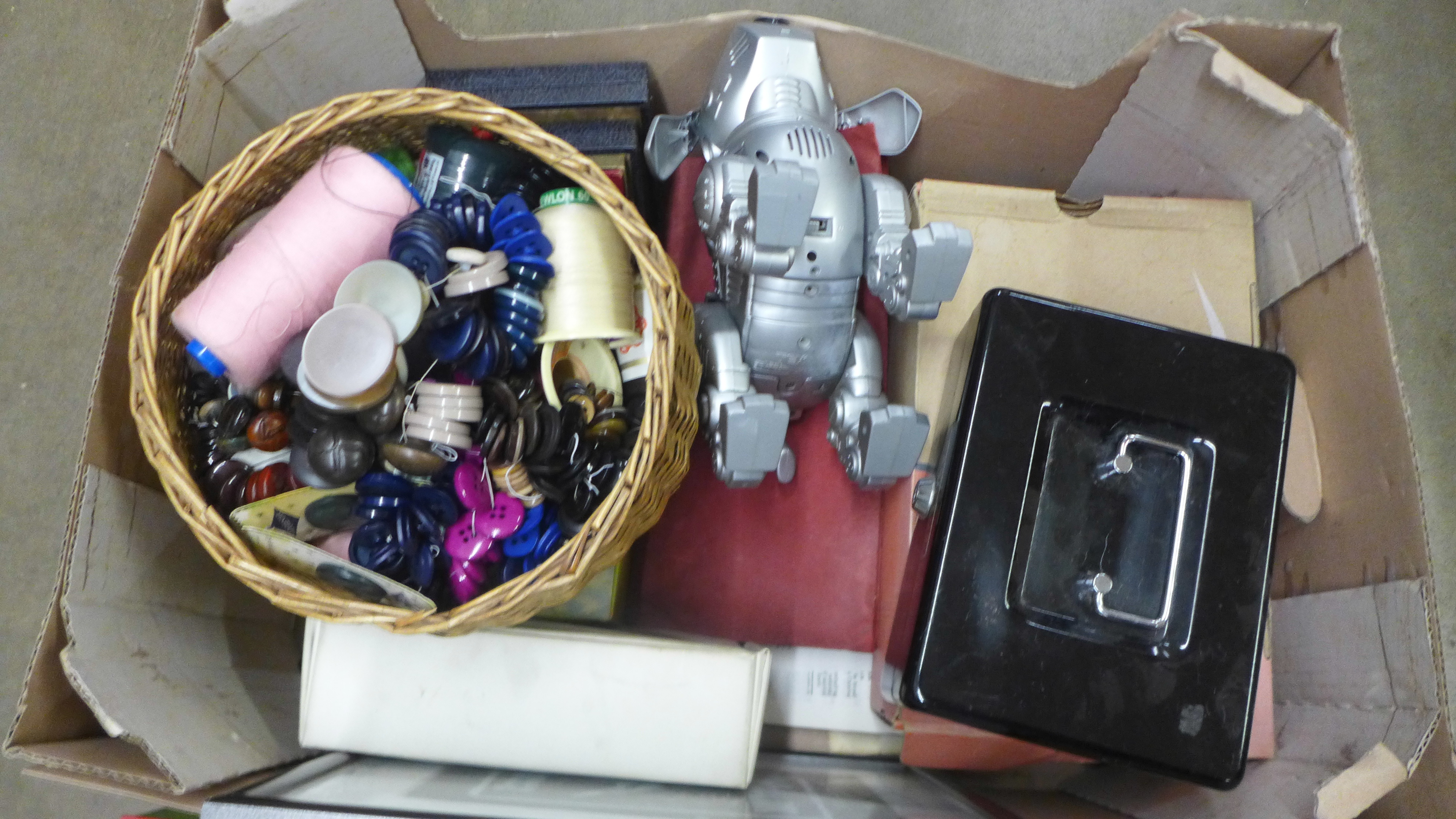 Four boxes of assorted items; haberdashery, mixed china, Torquay pottery vase, cash's woven - Image 4 of 14