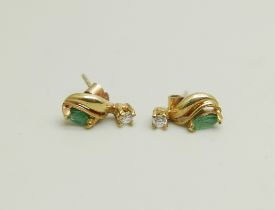 A pair of 9ct gold, emerald and zircon earrings, 0.9g