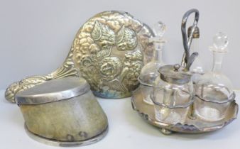 An EPNS Reynolds Angels hand mirror, a metal mounted horse's hoof and a silver plated cruet set on
